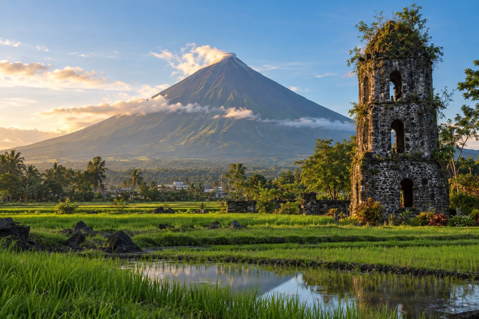 Illustration of the Mayon volcano cone behind green rice fields and a weathered stone church tower in Legazpi, Albay