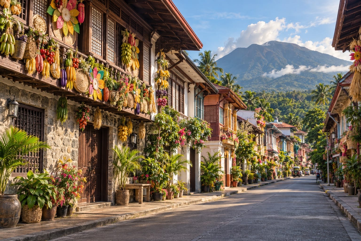 Illustration of a heritage street lined with festival-decorated houses below a mountain in Lucban, Quezon