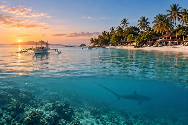 Illustration of a quiet tropical beach with outrigger dive boats and clear turquoise water in Malapascua, Cebu