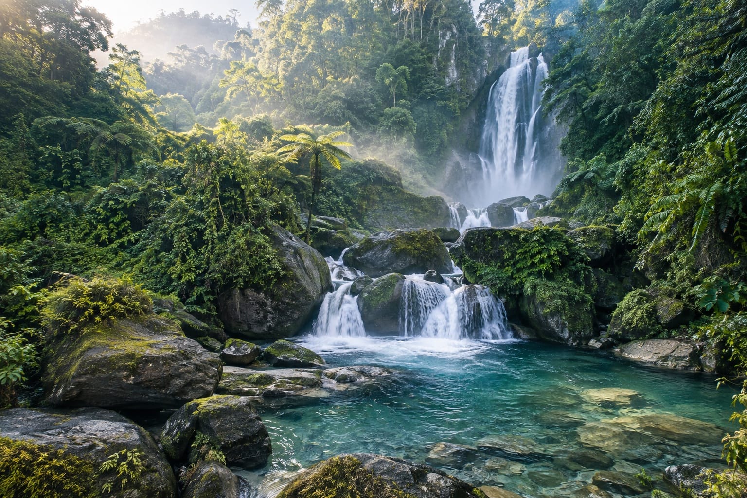 Illustration of multi-tiered waterfalls flowing through mossy boulder forest near Maragusan, Davao de Oro