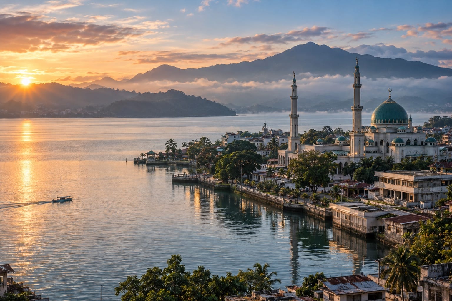 Illustration of a calm lake with distant green mountains and a graceful mosque silhouette at sunrise in Marawi