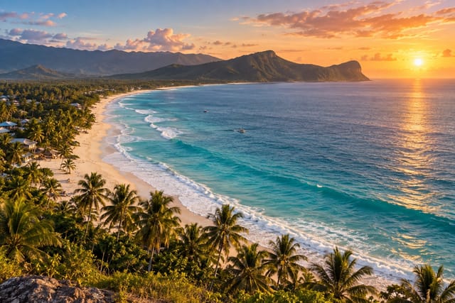 Illustration of a long cream-colored beach with clean Pacific waves and a headland across blue water at Mati