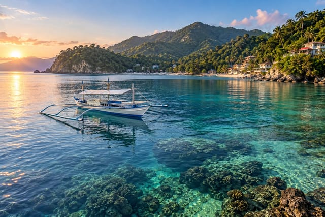 Illustration of a sheltered bay with an outrigger boat, coral shallows, and forested hills in Puerto Galera, Oriental Mindoro