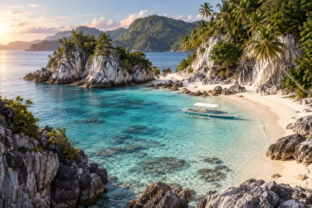 Illustration of a cove with pale marble-like rock formations, white sand, and an outrigger boat in Romblon