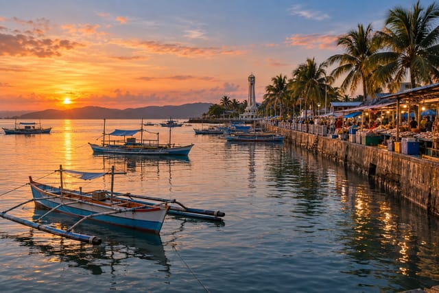Illustration of a bayfront with small fishing boats and a palm-lined shore at sunset in Roxas City, Capiz