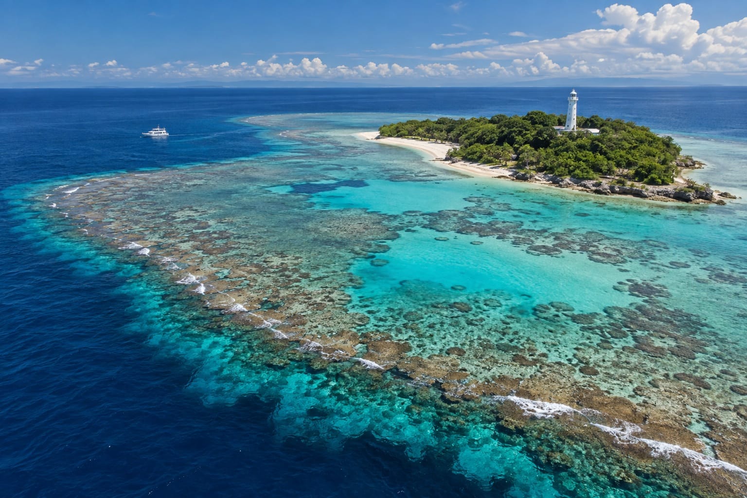 Illustration of an aerial view of a coral atoll lagoon with a lighthouse island in Apo Reef, Sablayan, Occidental Mindoro