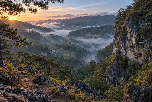 Illustration of a pine-covered mountain valley with limestone cliffs and hanging coffins in Sagada, Mountain Province