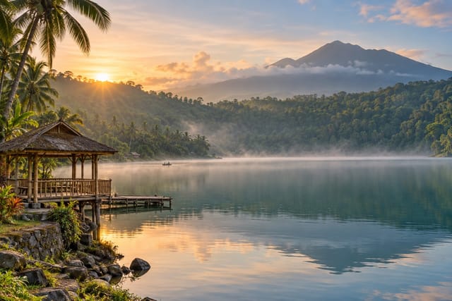 Illustration of a misty crater lake ringed by forest and palms with a lakeside pavilion in San Pablo, Laguna