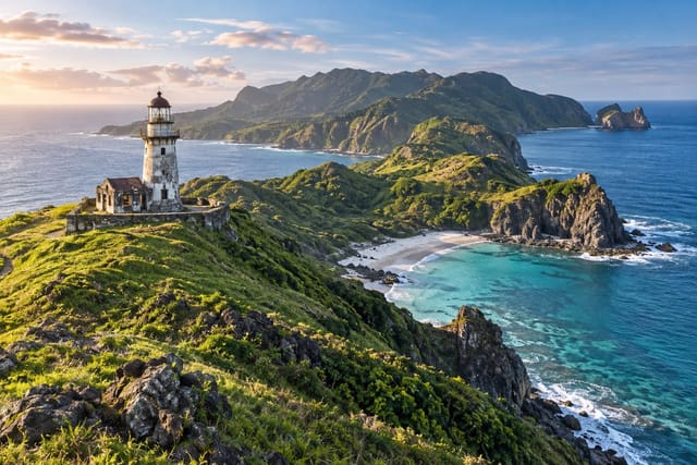 Illustration of a lighthouse on a green headland above a cove in Santa Ana, Cagayan