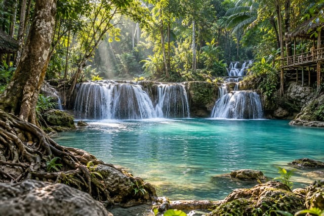Illustration of a tiered waterfall surrounded by green forest in Siquijor