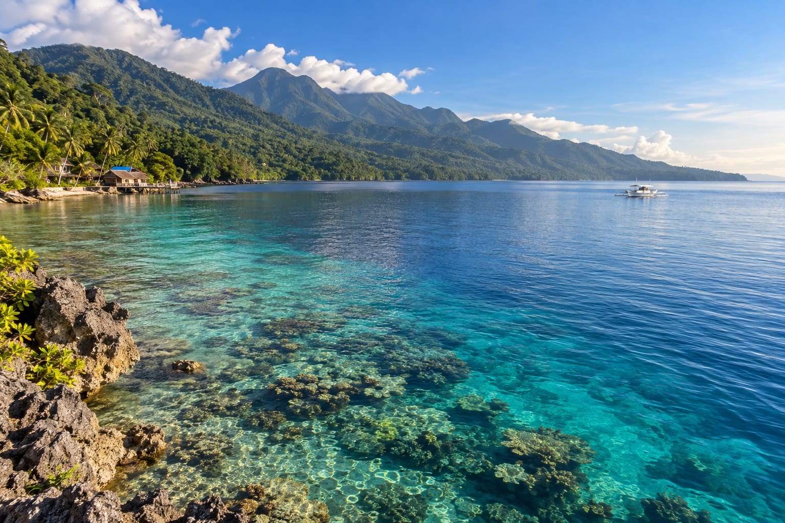 Illustration of a clear deep-blue bay with coral shallows and forested mountains on Sogod Bay, Southern Leyte
