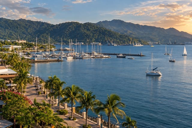 Illustration of a sheltered bay with yachts and forested hills in Subic Bay, Zambales
