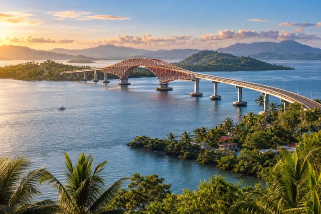 Illustration of the red-and-white San Juanico Bridge crossing blue water toward green islands near Tacloban