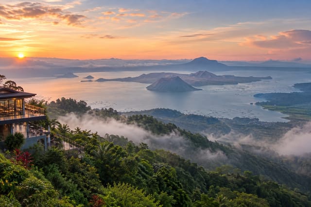 Illustration of a ridge town overlooking a lake and volcano in Tagaytay, Cavite