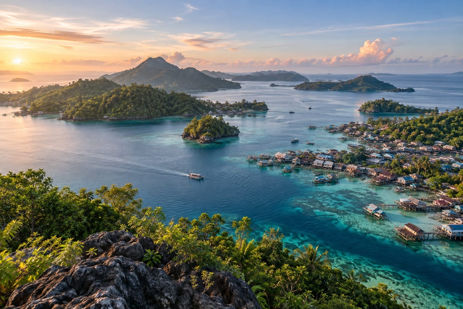 Illustration of turquoise channels, green island ridges, and stilt houses seen from a high viewpoint in Tawi-Tawi