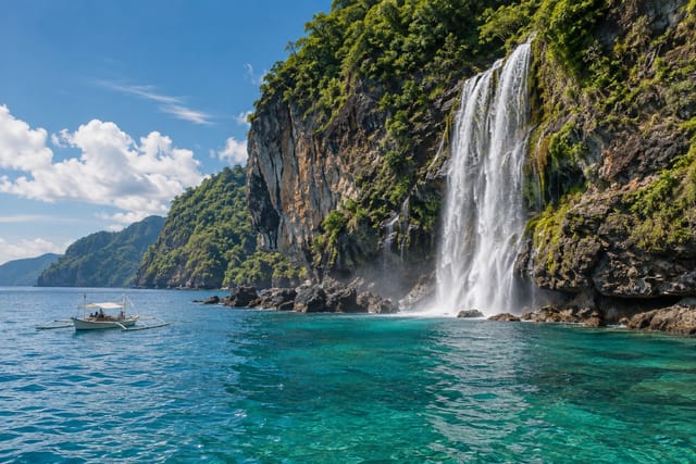 Illustration of a waterfall dropping from a green sea cliff toward turquoise water on Ticao Island, Masbate