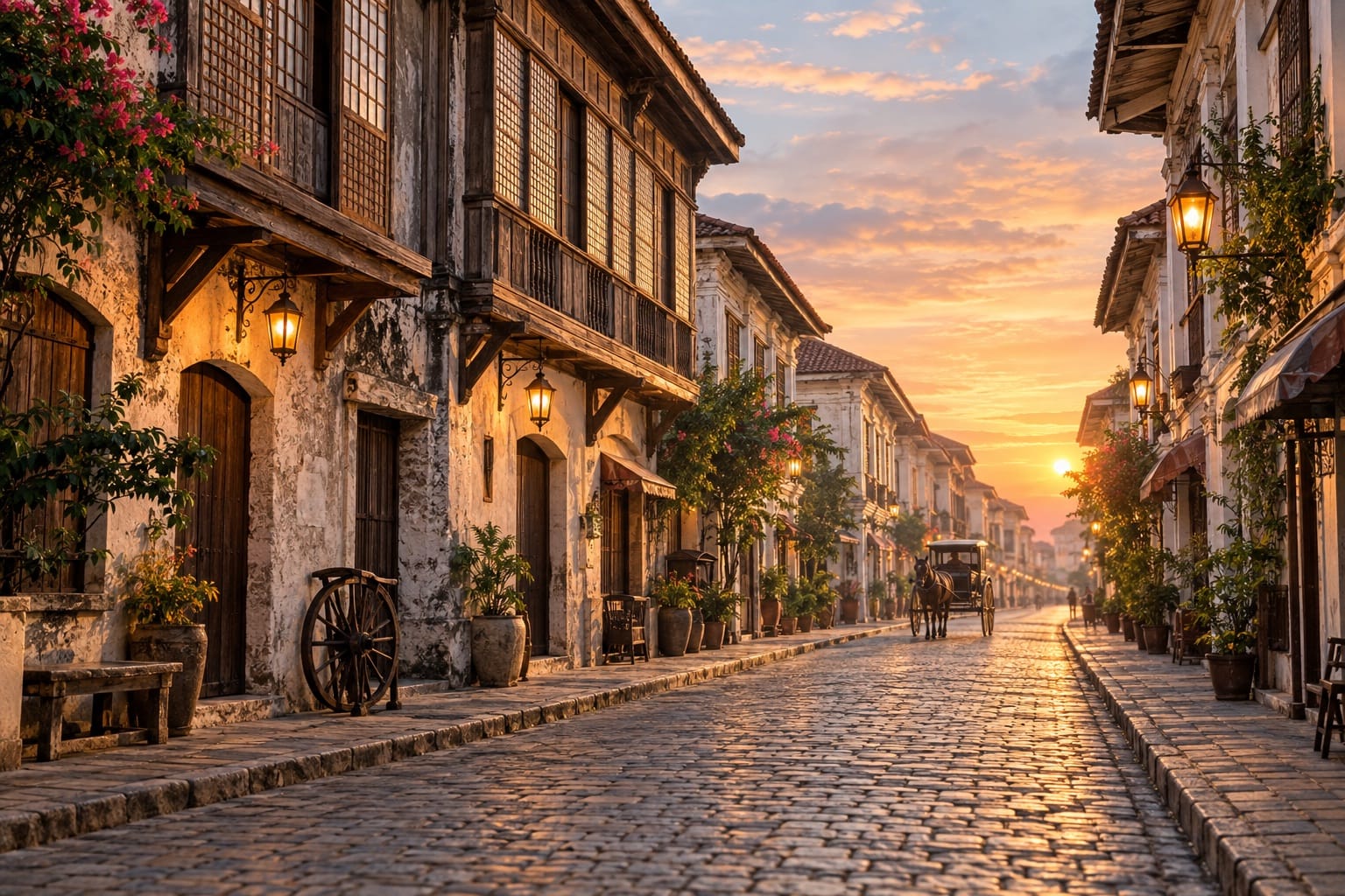 Illustration of a cobblestone street lined with colonial houses in Vigan, Ilocos Sur