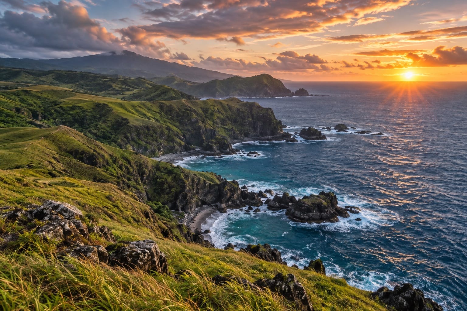 Illustration of rolling green sea cliffs above a rugged Pacific coastline at sunrise in Binurong, Catanduanes